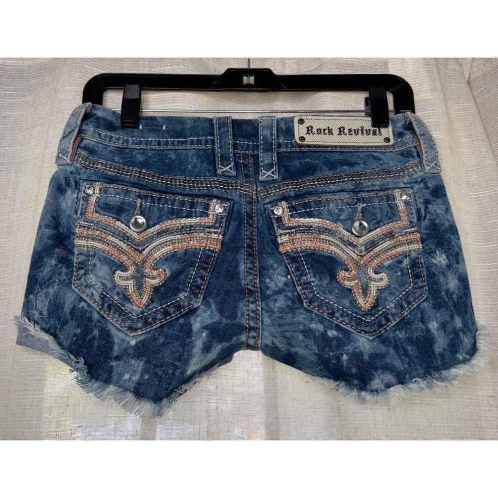 NWOT Rock Revival Kira Denim Shorts Embellished Acid Wash Sequins Blue Womens 25 - Picture 2 of 8